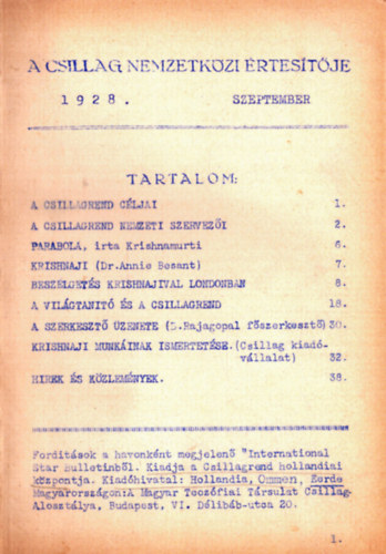 A Csillag Nemzetkzi rtestje 1928/1. szm (szept-dec.) s 1929/6-11. (jan.-jl.)