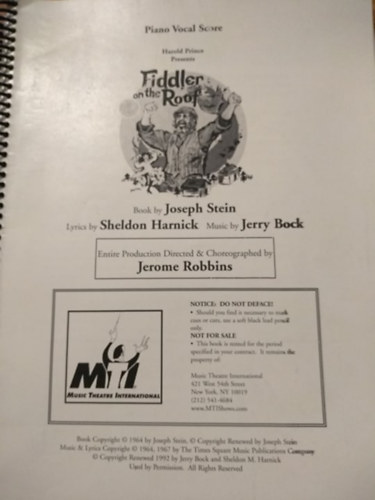 Lyrics by Sheldon Harnick, Music by Jerry Bock Book by Joseph Stein - Fiddler on the Roof (Piano Vocal Score)