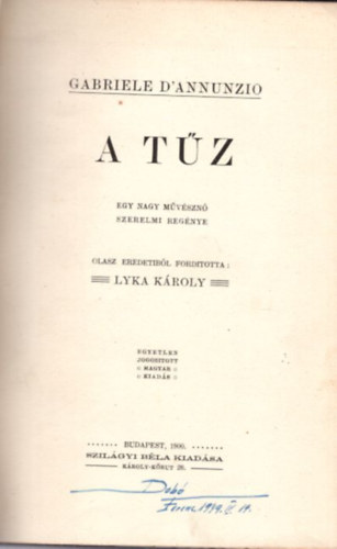 A tz - Egy nagy mvszn szerelmi regnye (1900)
