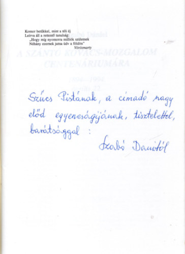 A Sznt Kovcs-mozgalom centenriumra 1894-1994. prilis 22.- dediklt