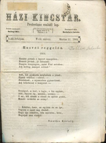 Batizfalvi Istvn Ballagi Mr  (szerk.) - Hzi kincstr. Protestns csaldi lap. 5-dik vfolyam. 7-ik szm. Mrtius 31. 1864.