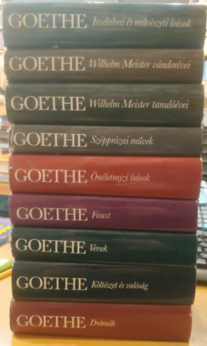 9 db Goethe: Irodalmi �s m�v�szeti �r�sok; Wilhelm Meister v�ndor�vei; Wilhelm Meister tanul��vei; Sz�ppr�zai m�vek; �n�letrajzi �r�sok; Faust; Versek; K�lt�szet �s val�s�g; Dr�m�k