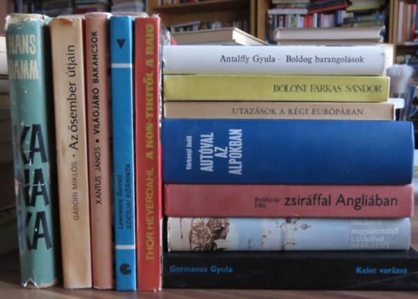 12 ktet utazs, tlers tmban: Boldog barangolsok, Utazs szak-Amerikban, Utazsok a rgi Eurpban, Autval az Alpokban, Zsirffal Angliban, Blackwell magyarorszgi kldetsei, Kelet varzsa, Kon-Tikitl a Raig, Szic