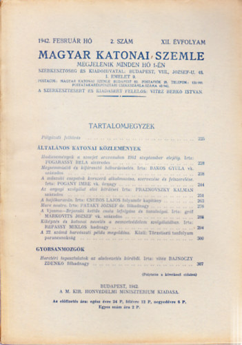 Vit�z Berk� Istv�n  (szerk.) - Magyar Katonai Szemle 1942. febru�r (XII. �vf, 2. sz�m)