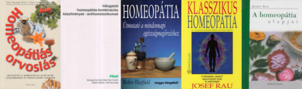 5 db homeoptis knyv: Klasszikus homeoptia + Homeoptis orvosls + A homeoptia alapjai + Vlogatott homeoptis kombincis ksztmnyek / antihomotoxikumok + Homeoptia (tmutat a mindennapi egszsgmegrzshez)