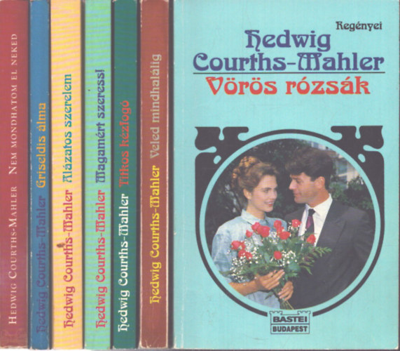 7 db Hedwig Courths-Mahler romantikus k�tet: V�r�s r�zs�k - Veled mindhal�lig - Titkos k�zfog� - Magam�rt szeress! - Al�zatos szerelem - Griseldis �lma - Nem mondhatom el neked