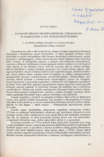 A Csan�d V�rmegyei Telepes K�zs�gek Igazgat�sa a XIX. Sz�zad Els� Fel�ben.