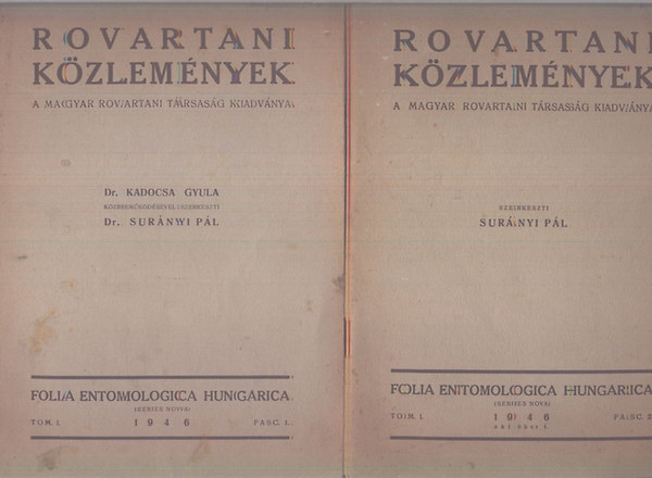 Rovartani Kzlemnyek (Folia Entomologica Hungarica- A Magyar Rovartani Trsasg kiadvnya)- 1946. (Tomus I.)- Fasc. 1-2. szmok