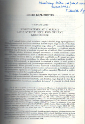 T. Horvth gnes - Megjegyzsek az V. szzadi latin nyelv levelezs nhny krdshez - Klnlenyomat - Dediklt