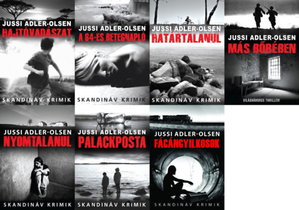 7 db Jussi Adler-Olsen skandinv krimi : A Q-gyosztly esetei sorozat 1-6.: Nyomtalanul + Fcngyilkosok + Palackposta + A 64-es betegnapl + Hajtvadszat + Hatrtalanul + Ms brben (a szerz egy nllan megjelent mve)